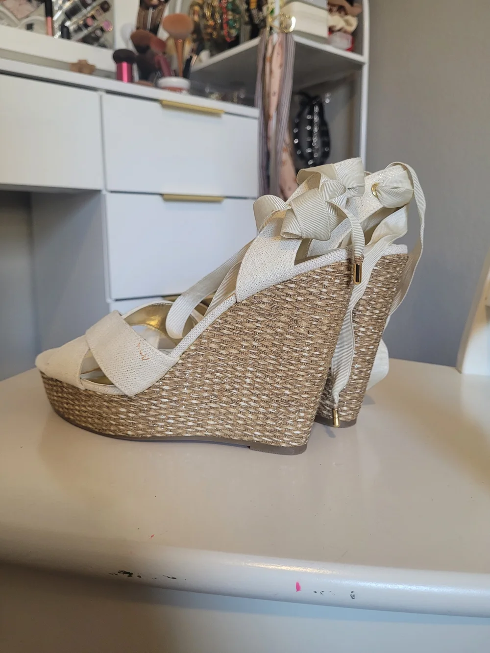JustFab Cream Espadrille Wedge Sandals